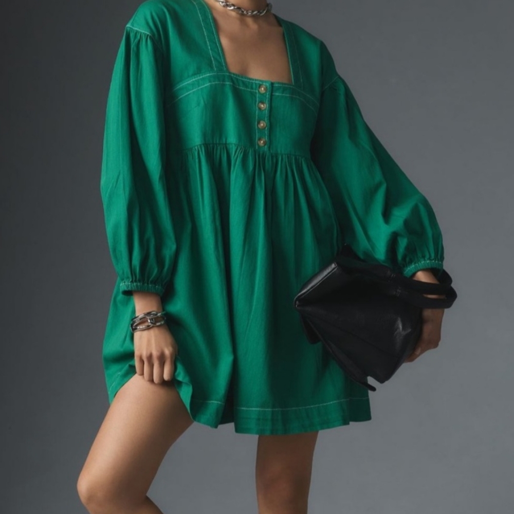Green Button-Front Dress with Black Clutch